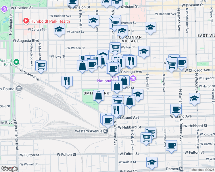 map of restaurants, bars, coffee shops, grocery stores, and more near 2445 West Huron Street in Chicago