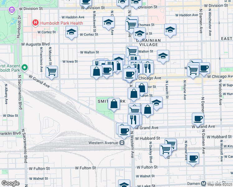 map of restaurants, bars, coffee shops, grocery stores, and more near 2445 West Huron Street in Chicago
