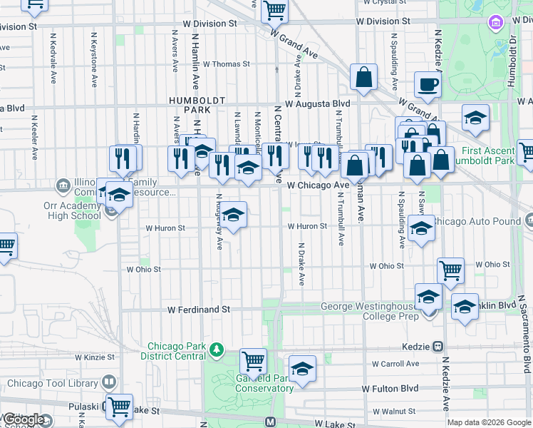 map of restaurants, bars, coffee shops, grocery stores, and more near 657 North Monticello Avenue in Chicago