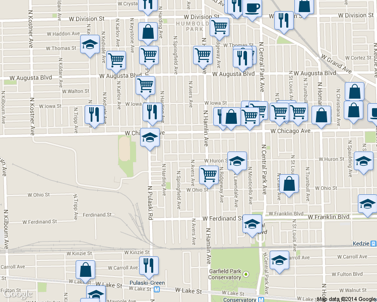 map of restaurants, bars, coffee shops, grocery stores, and more near 3847 West Huron Street in Chicago