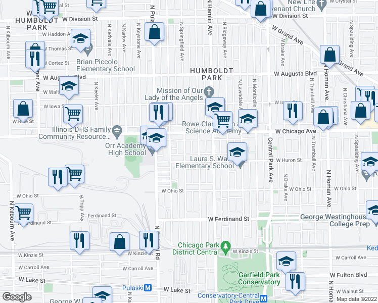 map of restaurants, bars, coffee shops, grocery stores, and more near 3847 West Huron Street in Chicago