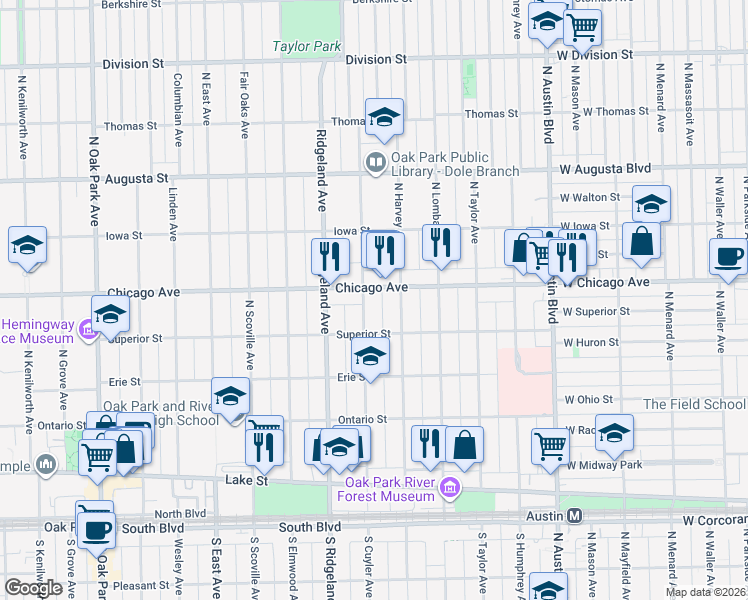 map of restaurants, bars, coffee shops, grocery stores, and more near 406 North Cuyler Avenue in Oak Park