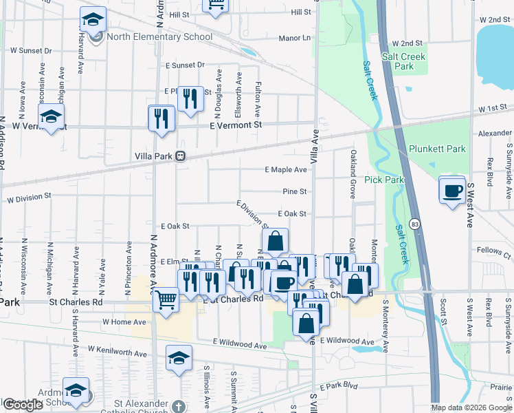 map of restaurants, bars, coffee shops, grocery stores, and more near 240 East Division Street in Villa Park