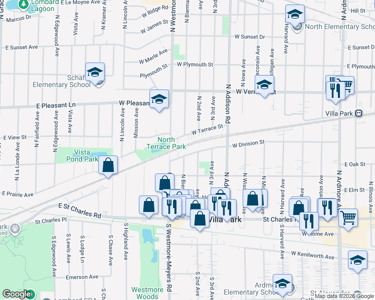map of restaurants, bars, coffee shops, grocery stores, and more near 226 North 2nd Avenue in Villa Park