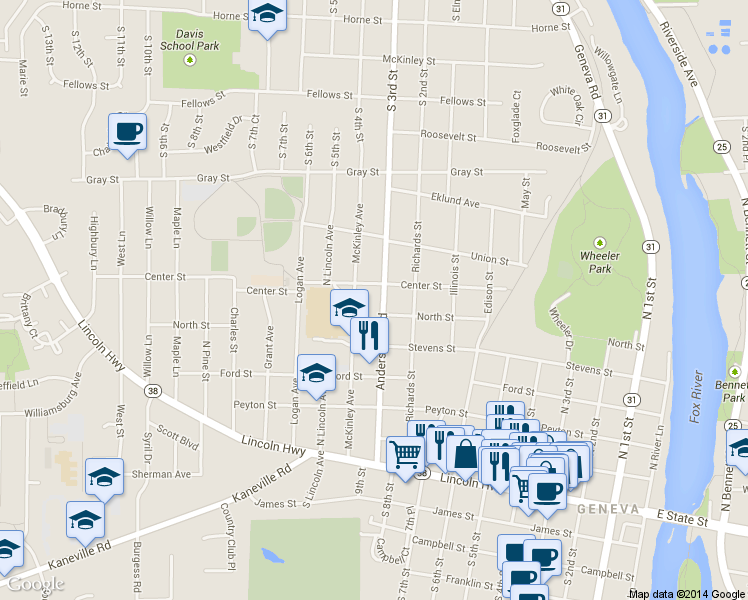 map of restaurants, bars, coffee shops, grocery stores, and more near 422 Anderson Boulevard in Geneva