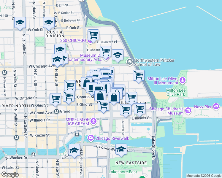 map of restaurants, bars, coffee shops, grocery stores, and more near N Fairbanks Ct & E Erie St in Chicago