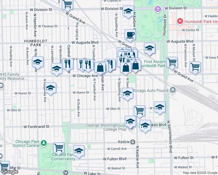 map of restaurants, bars, coffee shops, grocery stores, and more near 714 North Christiana Avenue in Chicago