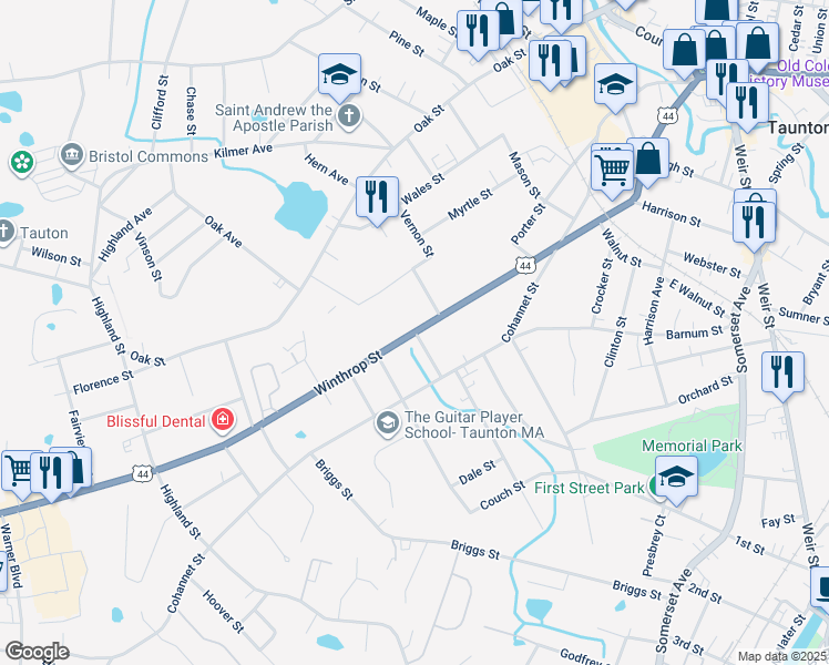 map of restaurants, bars, coffee shops, grocery stores, and more near 7 Brook Street in Taunton