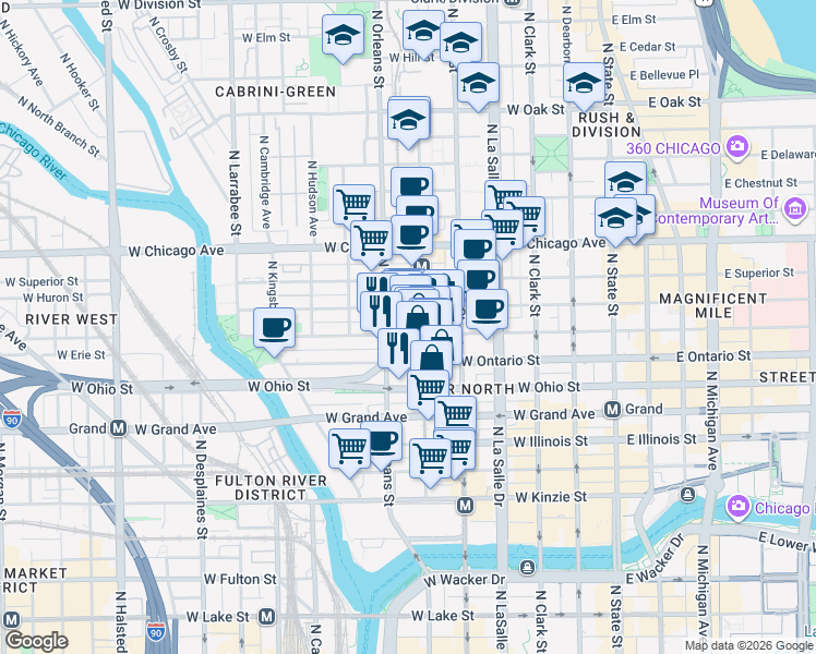 map of restaurants, bars, coffee shops, grocery stores, and more near in Chicago