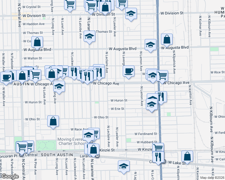 map of restaurants, bars, coffee shops, grocery stores, and more near 5042 West Superior Street in Chicago