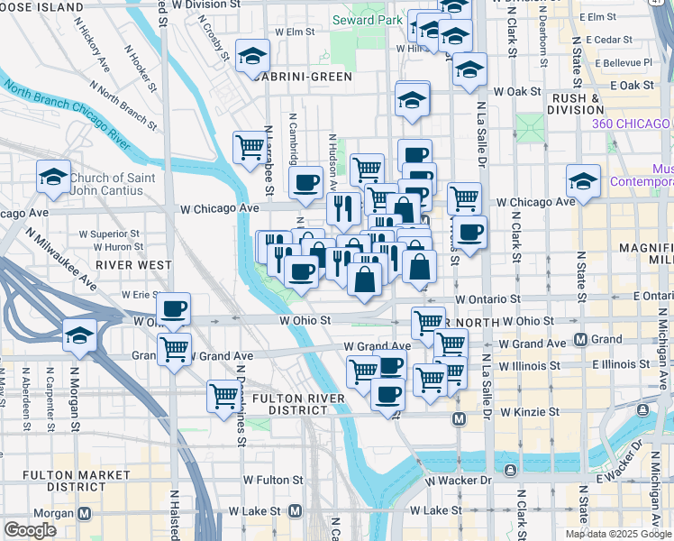 map of restaurants, bars, coffee shops, grocery stores, and more near 435 West Erie Street in Chicago