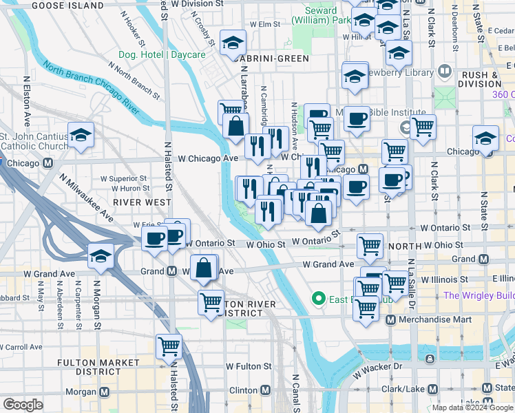map of restaurants, bars, coffee shops, grocery stores, and more near 510W West Erie Street in Chicago