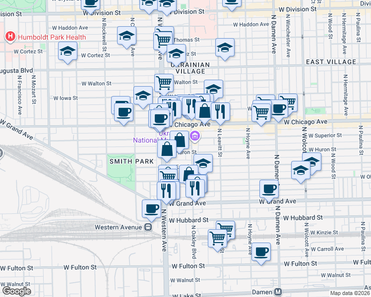 map of restaurants, bars, coffee shops, grocery stores, and more near 2310 West Huron Street in Chicago
