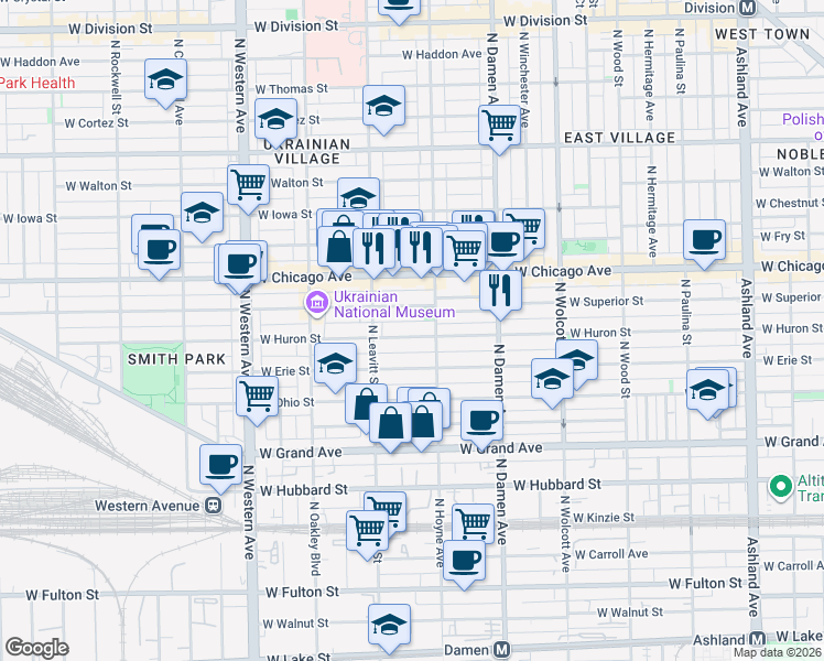 map of restaurants, bars, coffee shops, grocery stores, and more near 2142 West Erie Street in Chicago