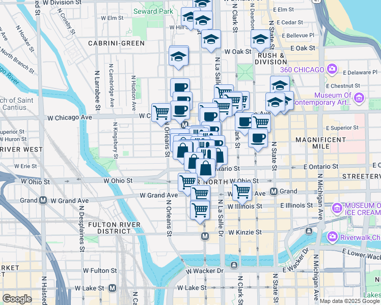 map of restaurants, bars, coffee shops, grocery stores, and more near 634 North Wells Street in Chicago