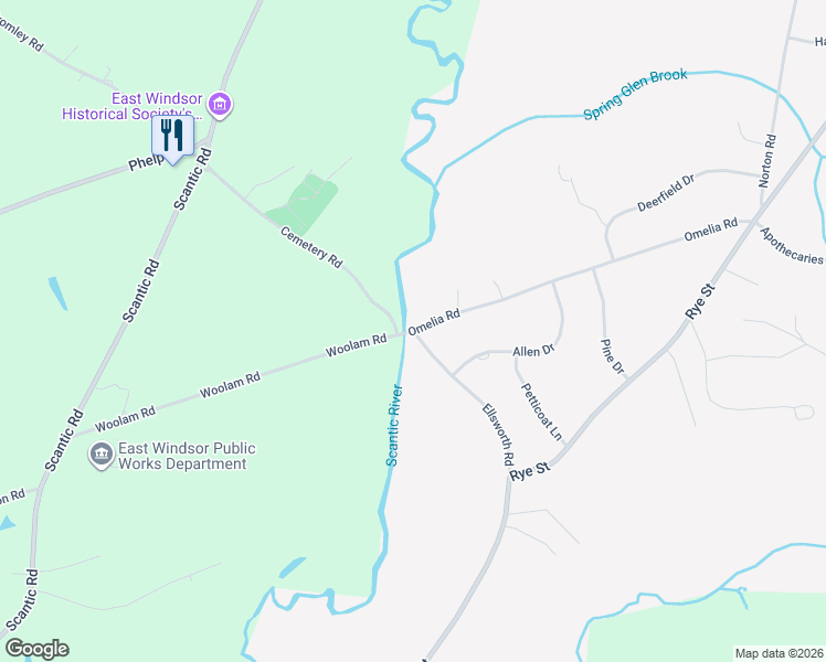 map of restaurants, bars, coffee shops, grocery stores, and more near 46 Woolam Road in East Windsor