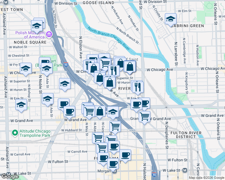 map of restaurants, bars, coffee shops, grocery stores, and more near 648 North Morgan Street in Chicago