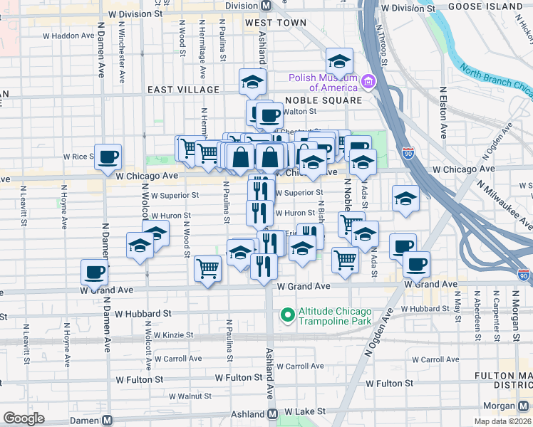 map of restaurants, bars, coffee shops, grocery stores, and more near N Ashland Ave & W Huron St in Chicago