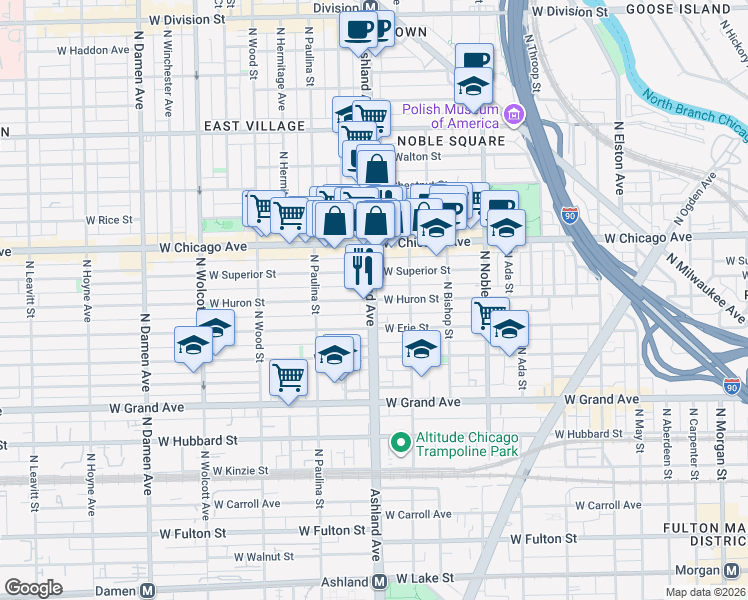 map of restaurants, bars, coffee shops, grocery stores, and more near North Ashland Avenue & West Huron Street in Chicago