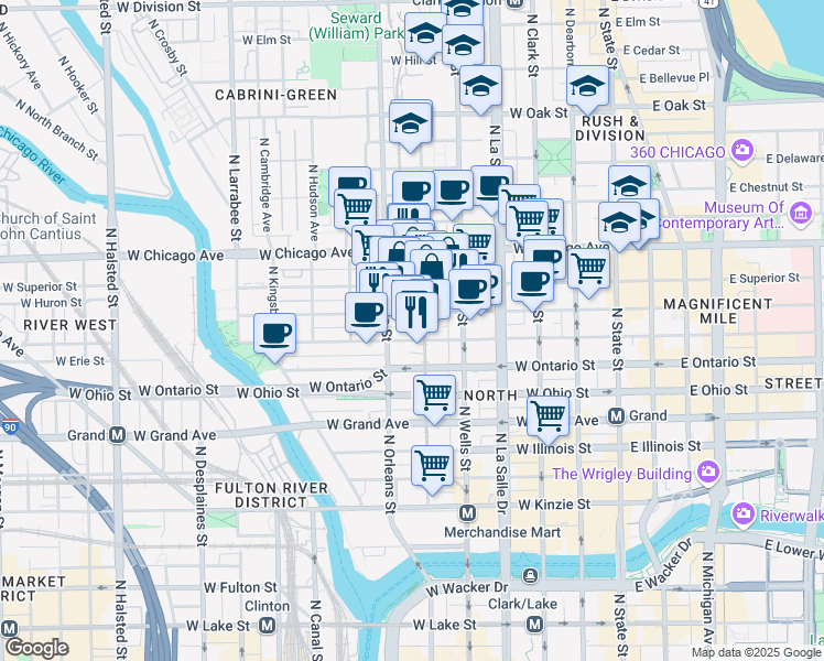 map of restaurants, bars, coffee shops, grocery stores, and more near 308 West Erie Street in Chicago