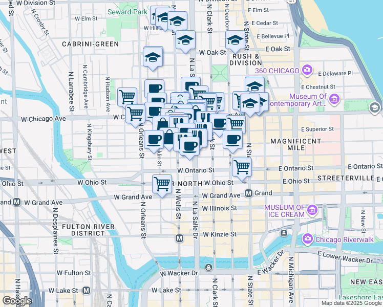map of restaurants, bars, coffee shops, grocery stores, and more near in Chicago
