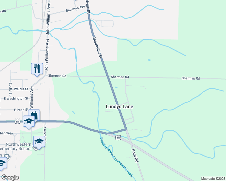 map of restaurants, bars, coffee shops, grocery stores, and more near 10295-10349 Meadville Rd in Albion