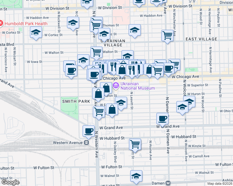 map of restaurants, bars, coffee shops, grocery stores, and more near 2258 West Huron Street in Chicago