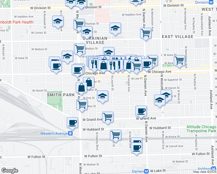 map of restaurants, bars, coffee shops, grocery stores, and more near 2210 West Huron Street in Chicago