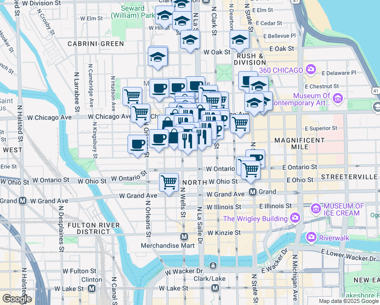 map of restaurants, bars, coffee shops, grocery stores, and more near 700 North LaSalle Drive in Chicago