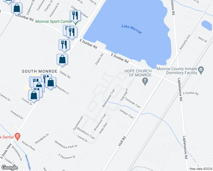 map of restaurants, bars, coffee shops, grocery stores, and more near 535 Blue Spruce Trail in Monroe