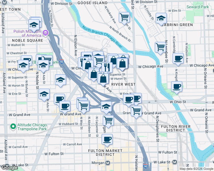 map of restaurants, bars, coffee shops, grocery stores, and more near 957 West Huron Street in Chicago