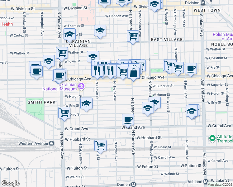 map of restaurants, bars, coffee shops, grocery stores, and more near 2100 West Superior Street in Chicago