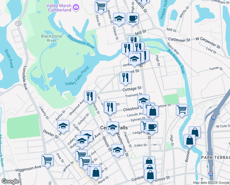 map of restaurants, bars, coffee shops, grocery stores, and more near 14 Hawley Street in Central Falls