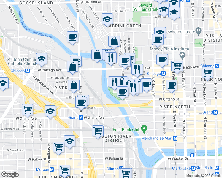 map of restaurants, bars, coffee shops, grocery stores, and more near 720 North Larrabee Street in Chicago