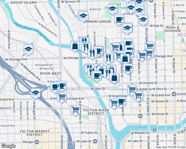 map of restaurants, bars, coffee shops, grocery stores, and more near 520 West Huron Street in Chicago
