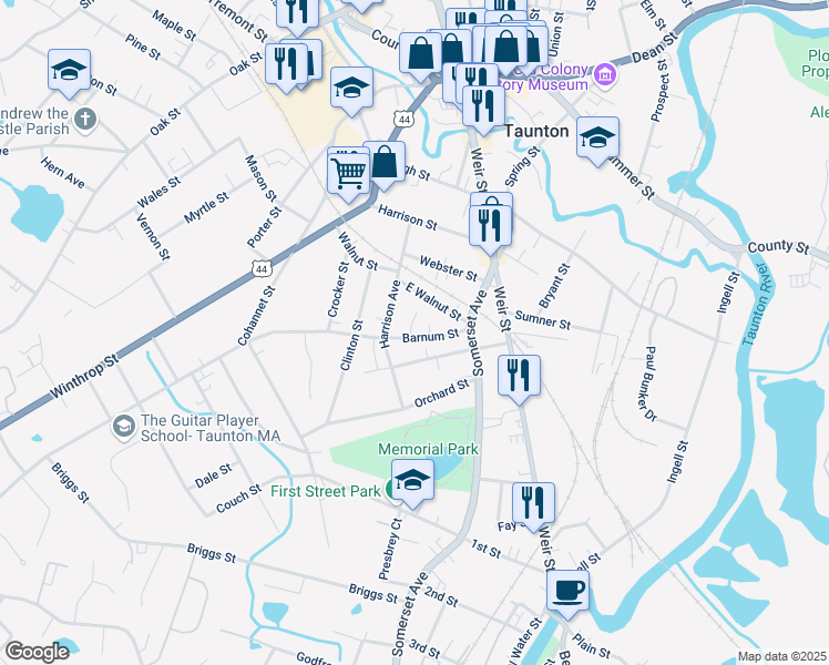 map of restaurants, bars, coffee shops, grocery stores, and more near 21 Barnum Street in Taunton