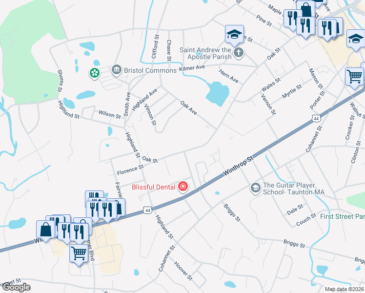 map of restaurants, bars, coffee shops, grocery stores, and more near 141 Oak Street in Taunton