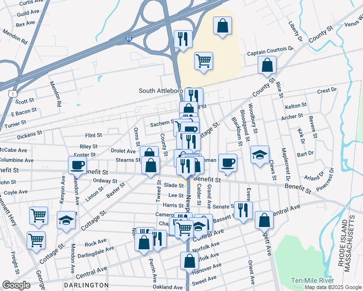 map of restaurants, bars, coffee shops, grocery stores, and more near 118 Dawson Street in Pawtucket