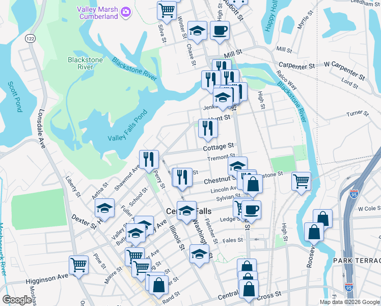 map of restaurants, bars, coffee shops, grocery stores, and more near 14 Hawley Street in Central Falls
