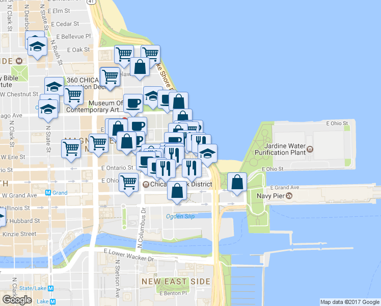 map of restaurants, bars, coffee shops, grocery stores, and more near 409-499 East Huron Street in Chicago