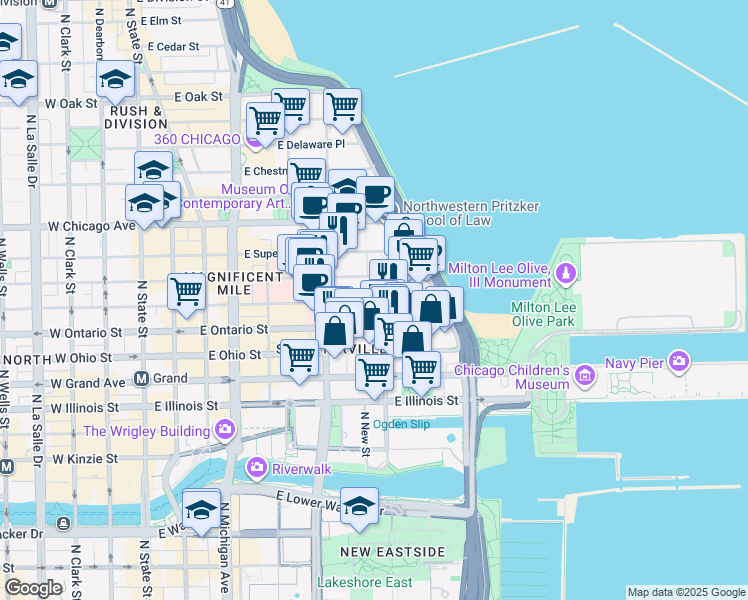 map of restaurants, bars, coffee shops, grocery stores, and more near 300 East Huron Street in Chicago