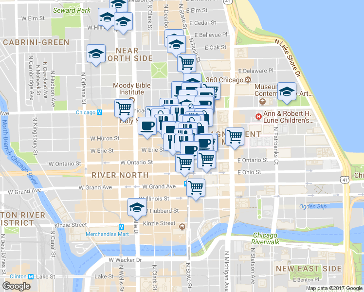 map of restaurants, bars, coffee shops, grocery stores, and more near 700 North State Street in Chicago