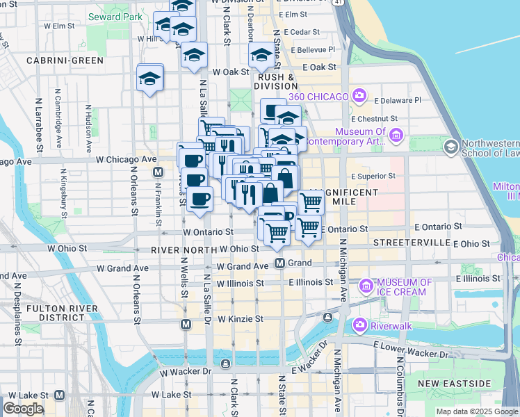 map of restaurants, bars, coffee shops, grocery stores, and more near in Chicago