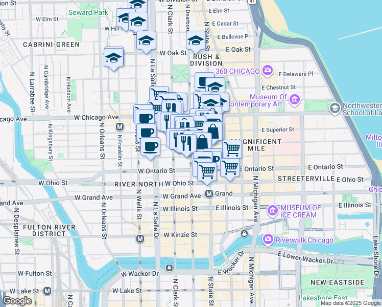 map of restaurants, bars, coffee shops, grocery stores, and more near in Chicago