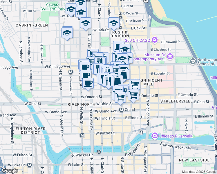 map of restaurants, bars, coffee shops, grocery stores, and more near 33 West Huron Street in Chicago