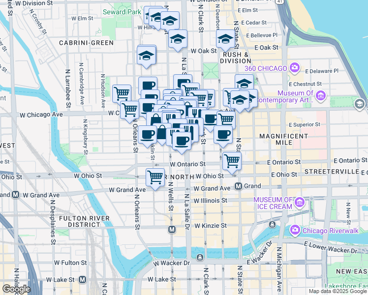 map of restaurants, bars, coffee shops, grocery stores, and more near in Chicago
