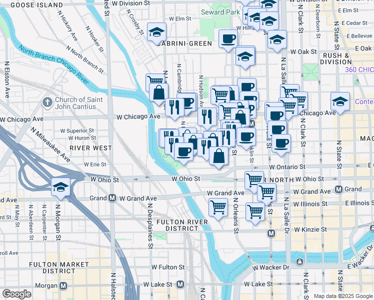 map of restaurants, bars, coffee shops, grocery stores, and more near 448 West Huron Street in Chicago