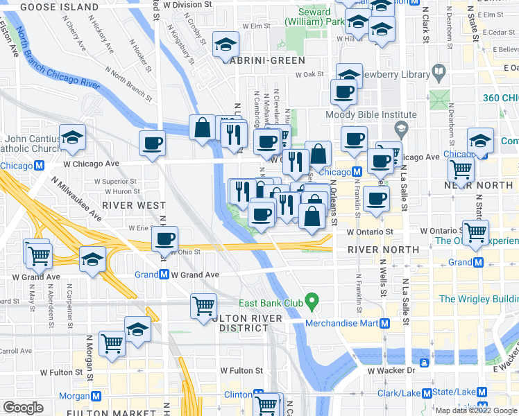 map of restaurants, bars, coffee shops, grocery stores, and more near 520 West Huron Street in Chicago