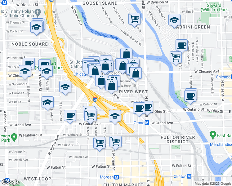 map of restaurants, bars, coffee shops, grocery stores, and more near 957 West Huron Street in Chicago
