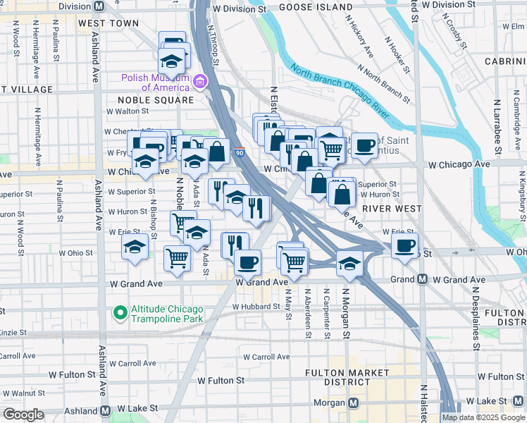 map of restaurants, bars, coffee shops, grocery stores, and more near 710 North Racine Avenue in Chicago